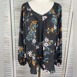 LOFT Floral Print V Neck Sheer Blouse Charcoal/Multi-Medium